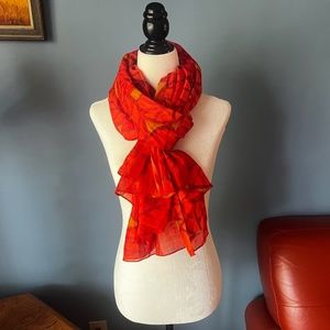 Vintage Silk Route red and brown leaves 100% cotton long scarf EUC